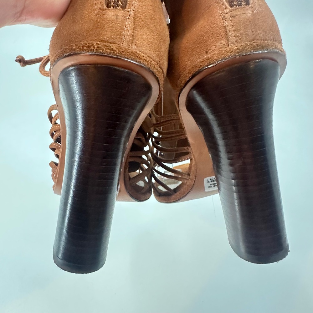 Schutz Brady Suede Leather Cage Lace Up Stacked High Heel Sandals Saddle 9B - Picture 6 of 10